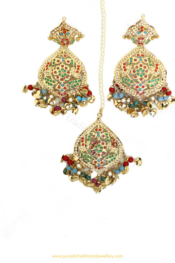 Gold Finished Navratan Jadau Earring Tikka Set By PTJ